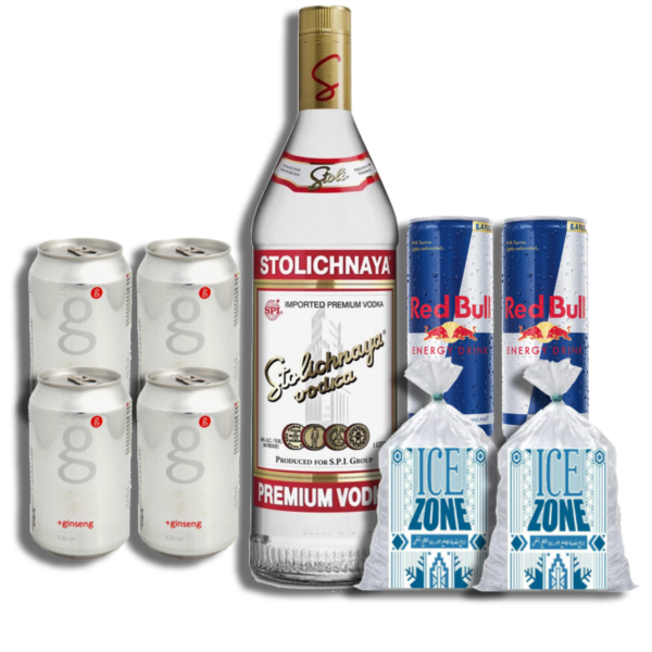 Stolichnaya Vodka + 4 G + 2 Red Bull + 2 Ice Packs